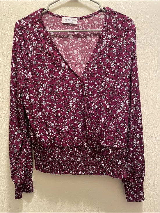 Kaileigh Tops - Kaileigh Women's Wine Floral Surplice Long Sleeve Blouse